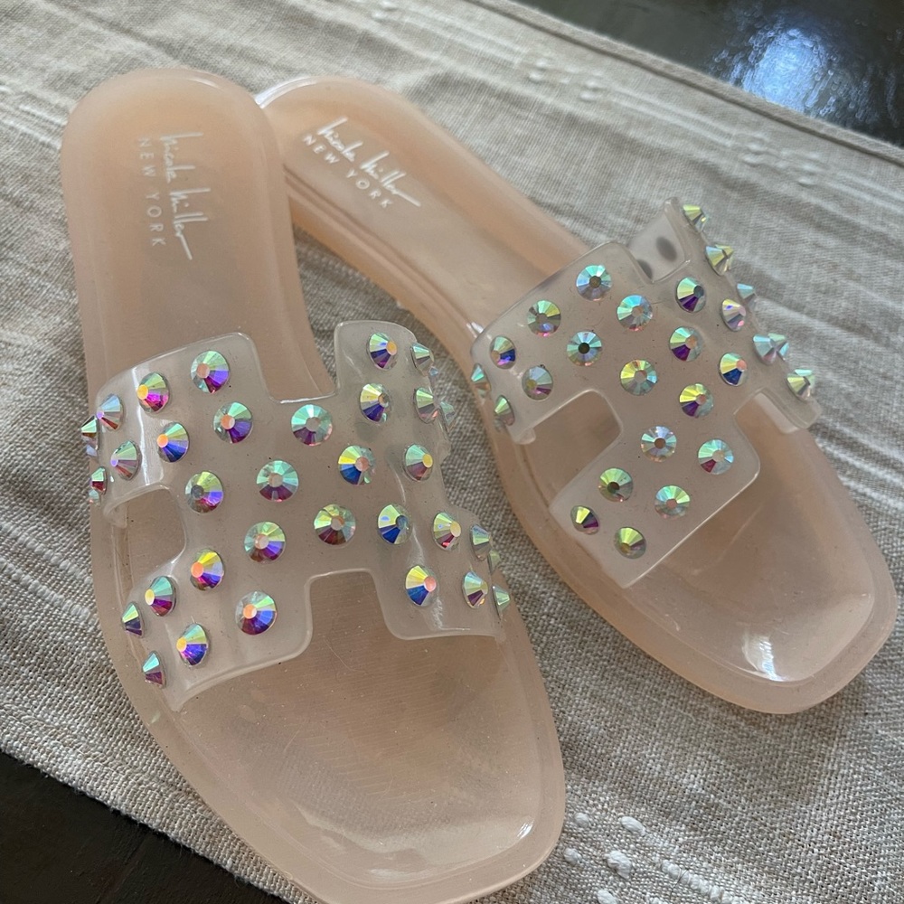 Nicole Miller blush pink slides with holographic gems